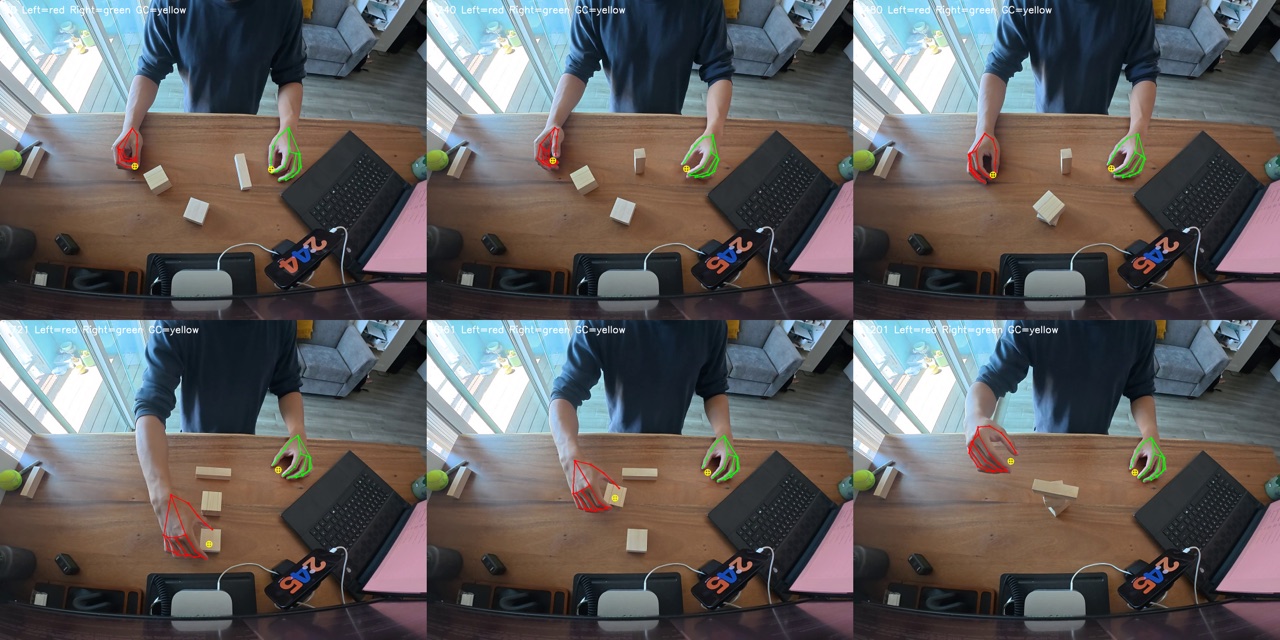 21-keypoint hand-pose skeleton overlay across an ego sequence
